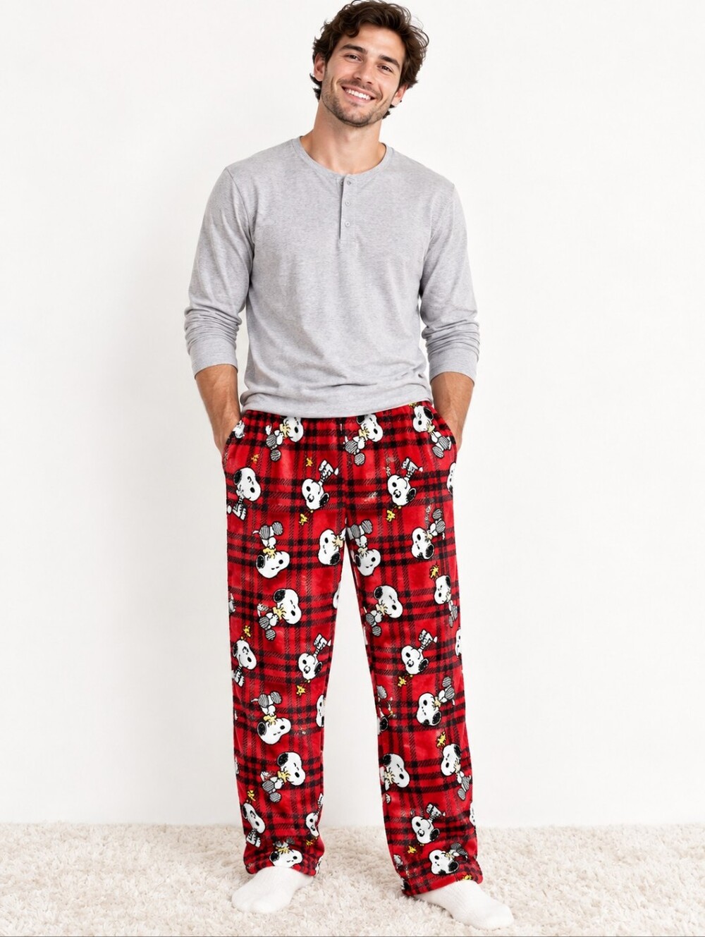 Peanuts Snoopy Men’s XL Fleece Pajama Pants Red Plaid Woodstock.